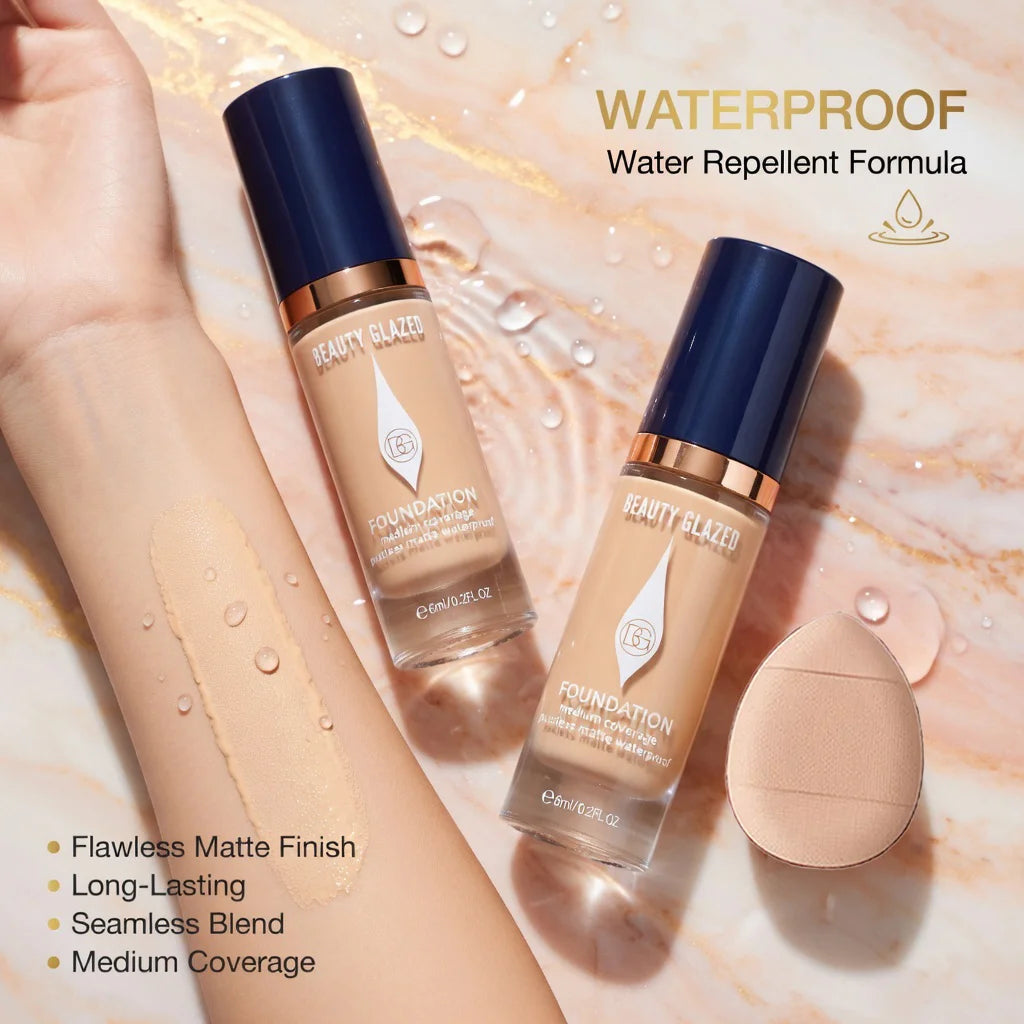 Face Foundation Makeup Set:2 Matte Foundation+1 Puff,Full Coverage,5 Shades,For All Skin Types,Long-Lasting Waterproof,Mini Size beautyabayaboutique.online