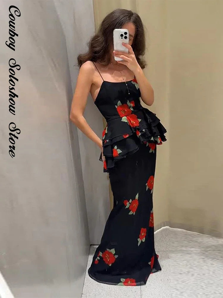 Printed Ruffle Top Skirt Set Women Slim Sling Sleeveless Backless Vest Straight Long Skirts 2025 Summer Elegant Sexy Lady Outfit Chictechhub