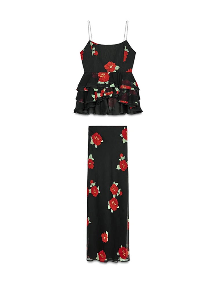 Printed Ruffle Top Skirt Set Women Slim Sling Sleeveless Backless Vest Straight Long Skirts 2025 Summer Elegant Sexy Lady Outfit Chictechhub