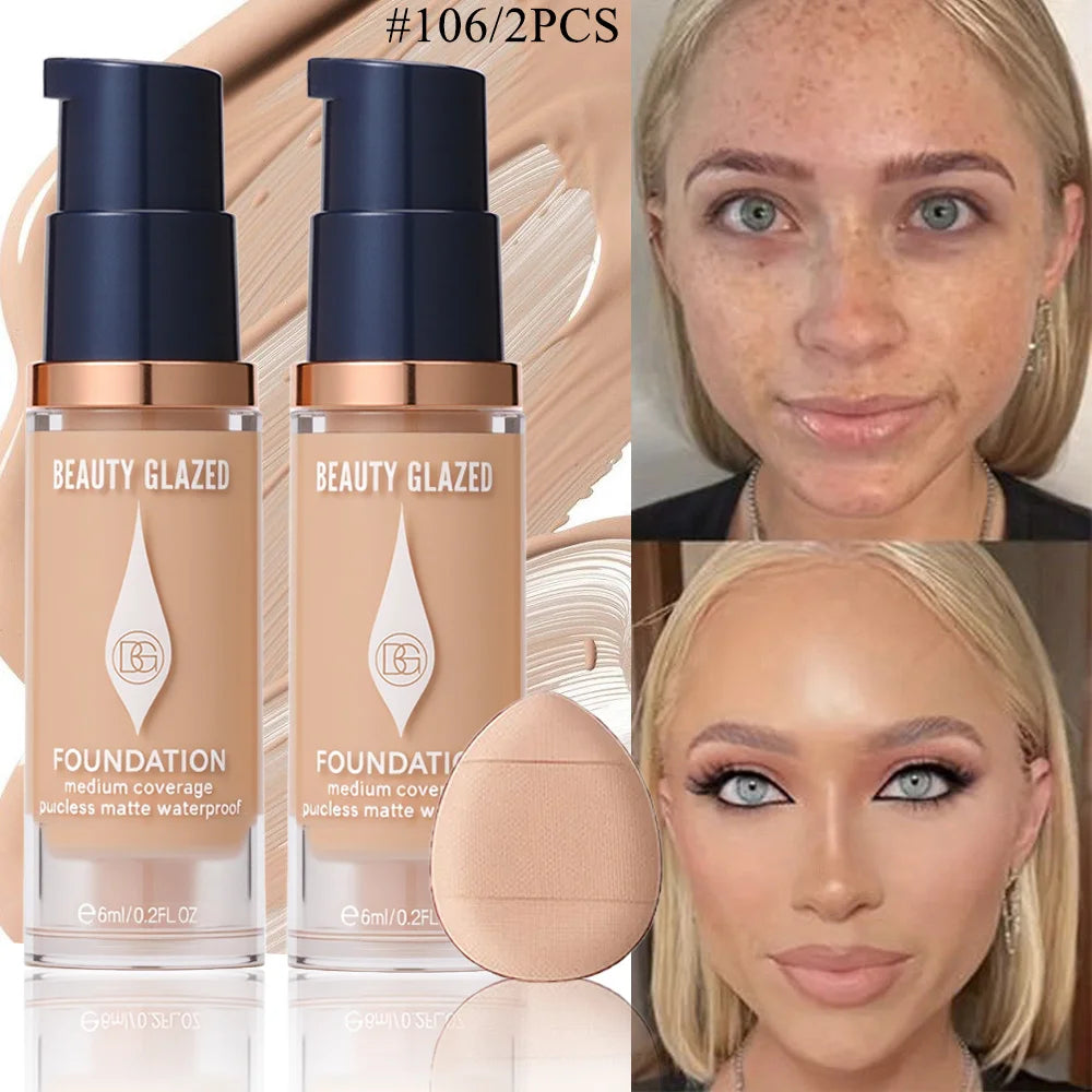 Face Foundation Makeup Set:2 Matte Foundation+1 Puff,Full Coverage,5 Shades,For All Skin Types,Long-Lasting Waterproof,Mini Size beautyabayaboutique.online