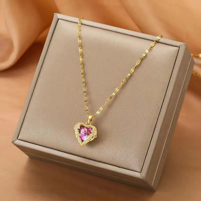 Colliers Cœur de l'Océan en Cristal Coloré Super Luxe pour Femmes Bijoux en Acier Inoxydable Tendance Coréenne Accessoires de Mariage Féminins