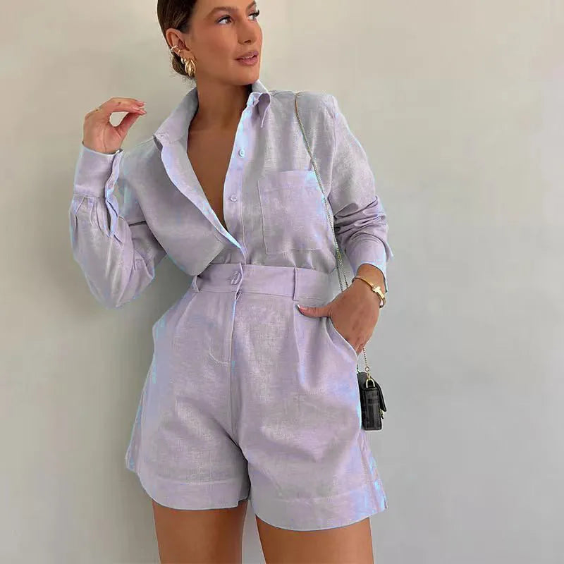 Women's Long Sleeve 2-Piece Set Casual Button Detail Shorts Outfit with Shirt Top Summer Fashion Female Suit Chictechhub