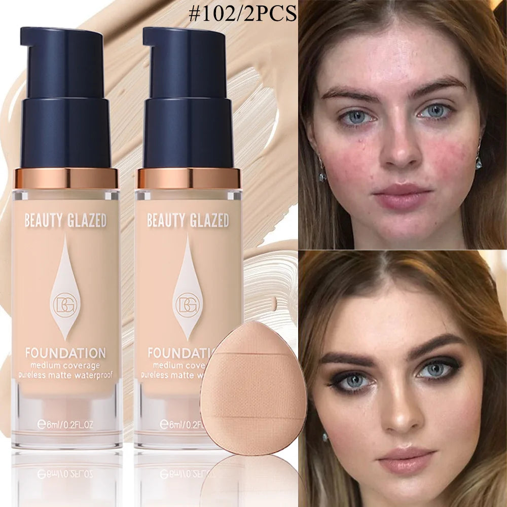 Face Foundation Makeup Set:2 Matte Foundation+1 Puff,Full Coverage,5 Shades,For All Skin Types,Long-Lasting Waterproof,Mini Size beautyabayaboutique.online