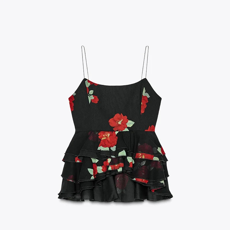 Printed Ruffle Top Skirt Set Women Slim Sling Sleeveless Backless Vest Straight Long Skirts 2025 Summer Elegant Sexy Lady Outfit Chictechhub