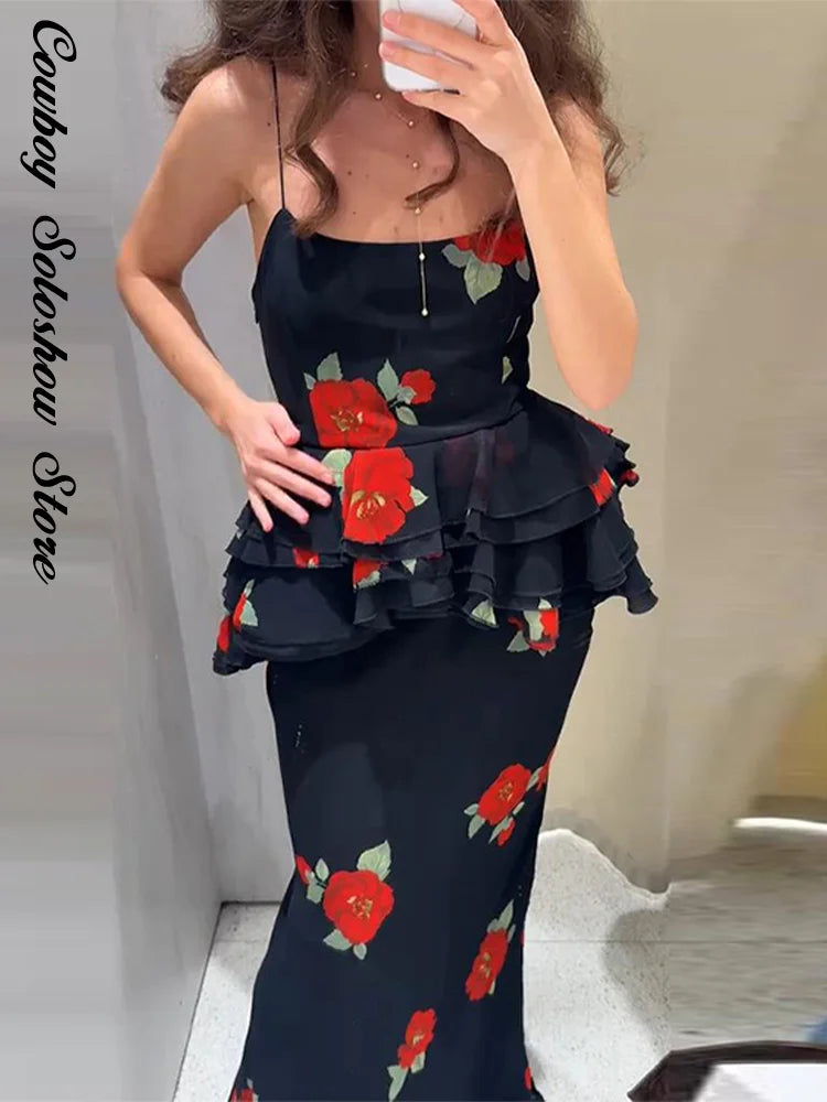 Printed Ruffle Top Skirt Set Women Slim Sling Sleeveless Backless Vest Straight Long Skirts 2025 Summer Elegant Sexy Lady Outfit Chictechhub