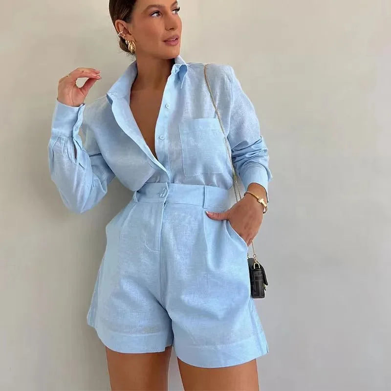 Women's Long Sleeve 2-Piece Set Casual Button Detail Shorts Outfit with Shirt Top Summer Fashion Female Suit Chictechhub