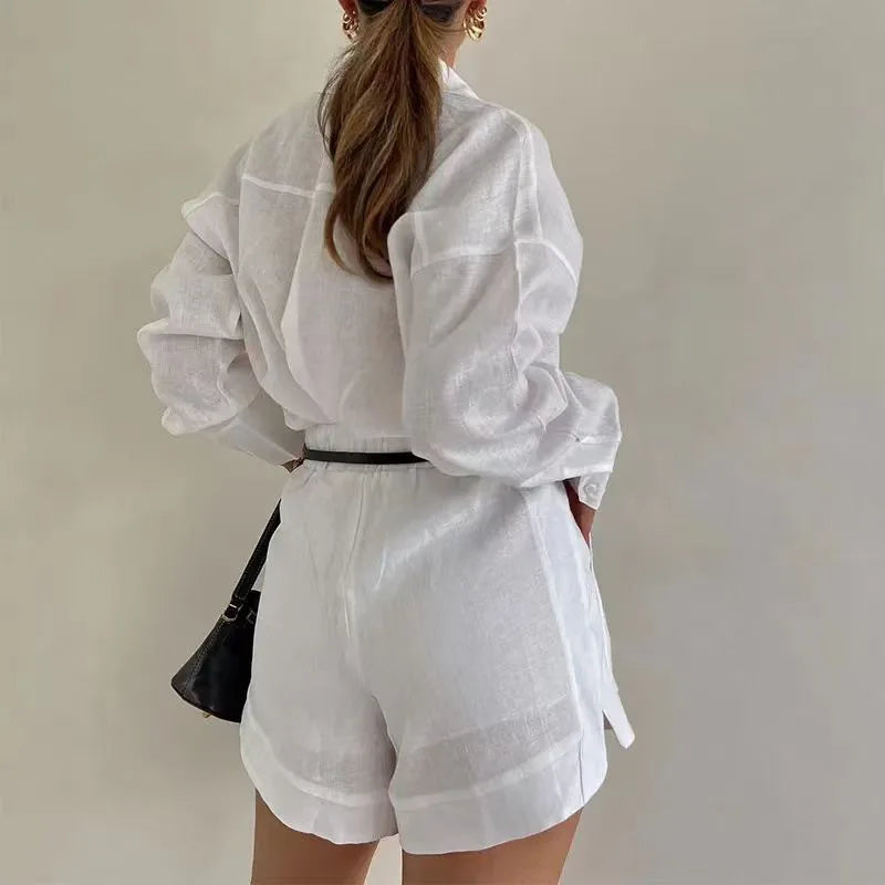 Women's Long Sleeve 2-Piece Set Casual Button Detail Shorts Outfit with Shirt Top Summer Fashion Female Suit Chictechhub