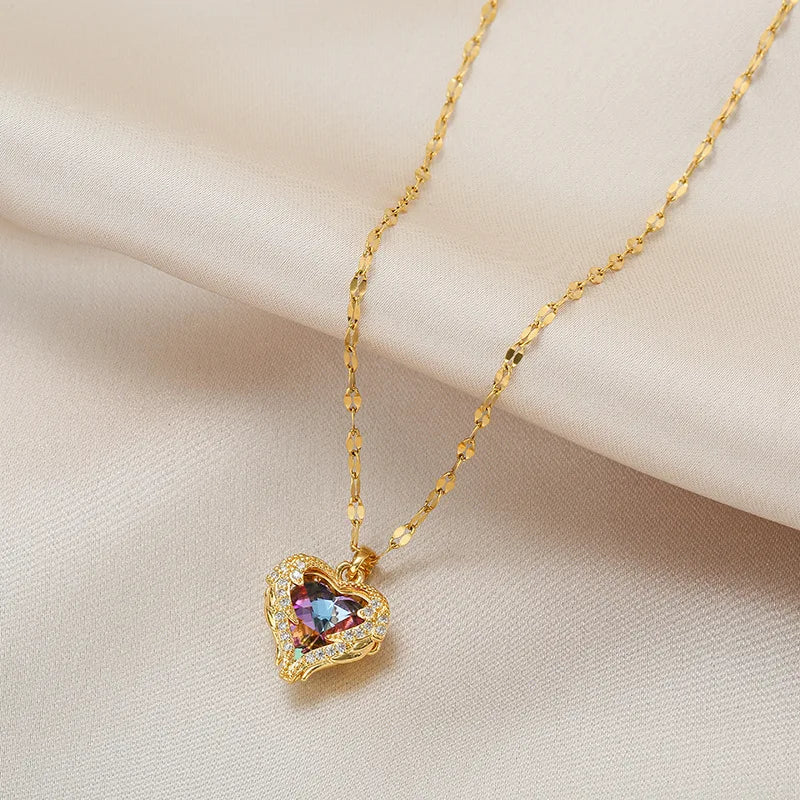 Colliers Cœur de l'Océan en Cristal Coloré Super Luxe pour Femmes Bijoux en Acier Inoxydable Tendance Coréenne Accessoires de Mariage Féminins