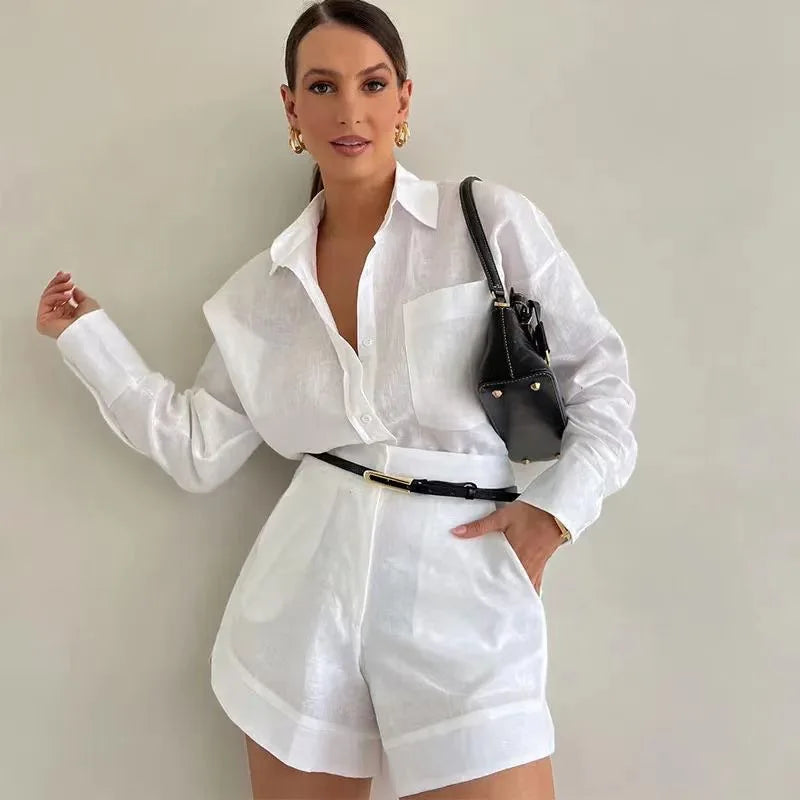 Women's Long Sleeve 2-Piece Set Casual Button Detail Shorts Outfit with Shirt Top Summer Fashion Female Suit Chictechhub